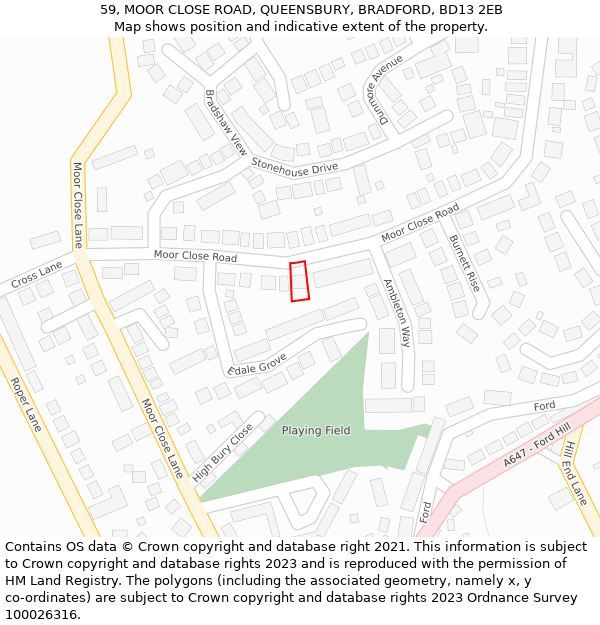 59, MOOR CLOSE ROAD, QUEENSBURY, BRADFORD, BD13 2EB: Location map and indicative extent of plot