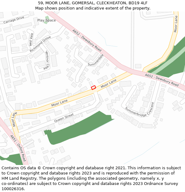 59, MOOR LANE, GOMERSAL, CLECKHEATON, BD19 4LF: Location map and indicative extent of plot