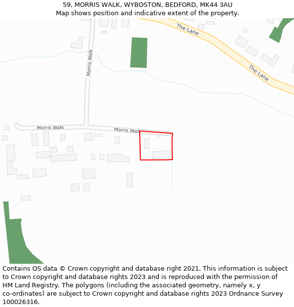 59, MORRIS WALK, WYBOSTON, BEDFORD, MK44 3AU: Location map and indicative extent of plot