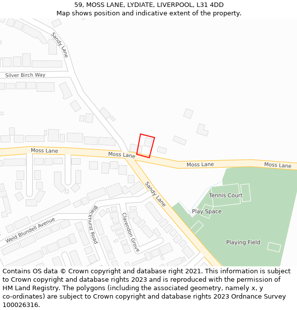 59, MOSS LANE, LYDIATE, LIVERPOOL, L31 4DD: Location map and indicative extent of plot
