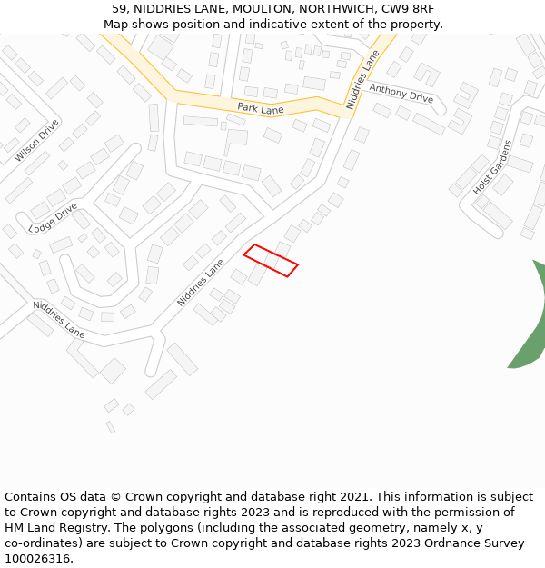 59, NIDDRIES LANE, MOULTON, NORTHWICH, CW9 8RF: Location map and indicative extent of plot