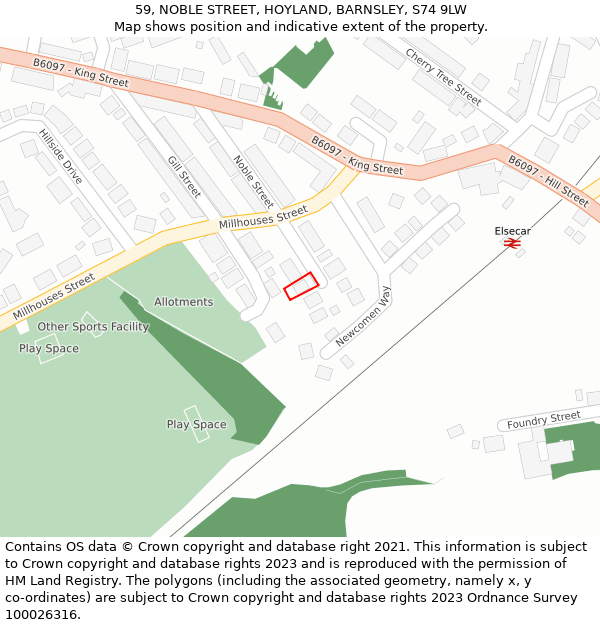 59, NOBLE STREET, HOYLAND, BARNSLEY, S74 9LW: Location map and indicative extent of plot