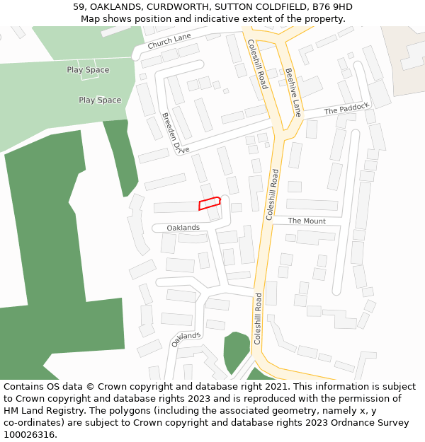 59, OAKLANDS, CURDWORTH, SUTTON COLDFIELD, B76 9HD: Location map and indicative extent of plot