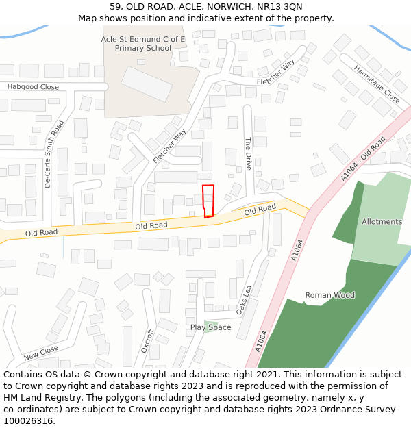 59, OLD ROAD, ACLE, NORWICH, NR13 3QN: Location map and indicative extent of plot