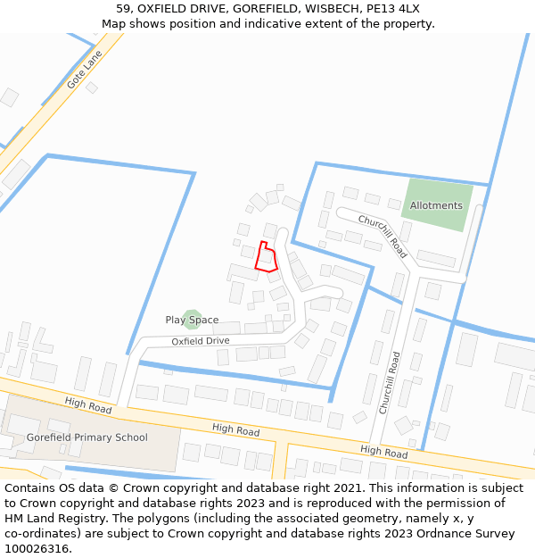 59, OXFIELD DRIVE, GOREFIELD, WISBECH, PE13 4LX: Location map and indicative extent of plot