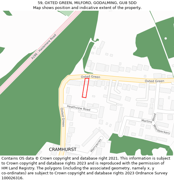 59, OXTED GREEN, MILFORD, GODALMING, GU8 5DD: Location map and indicative extent of plot