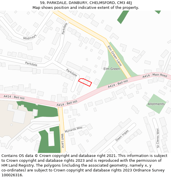 59, PARKDALE, DANBURY, CHELMSFORD, CM3 4EJ: Location map and indicative extent of plot