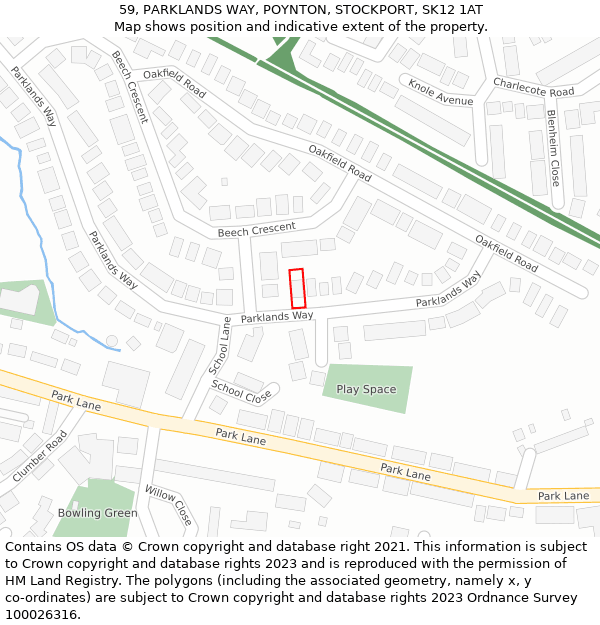 59, PARKLANDS WAY, POYNTON, STOCKPORT, SK12 1AT: Location map and indicative extent of plot