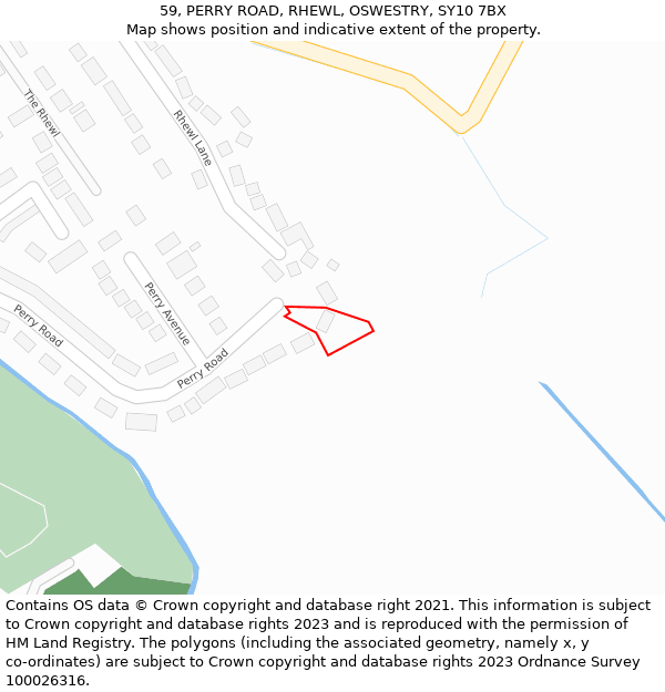 59, PERRY ROAD, RHEWL, OSWESTRY, SY10 7BX: Location map and indicative extent of plot