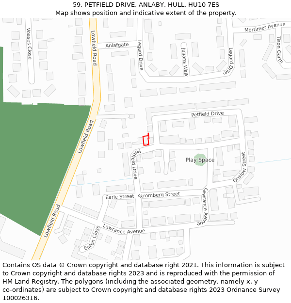 59, PETFIELD DRIVE, ANLABY, HULL, HU10 7ES: Location map and indicative extent of plot