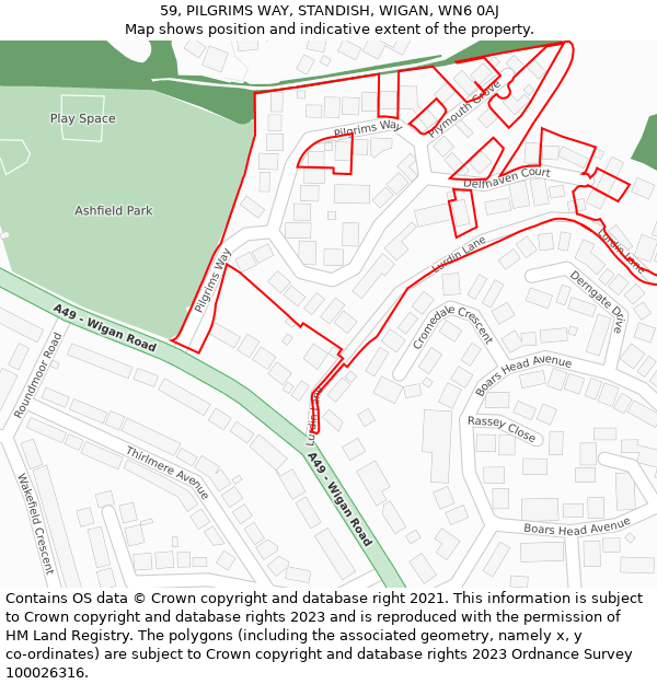 59, PILGRIMS WAY, STANDISH, WIGAN, WN6 0AJ: Location map and indicative extent of plot