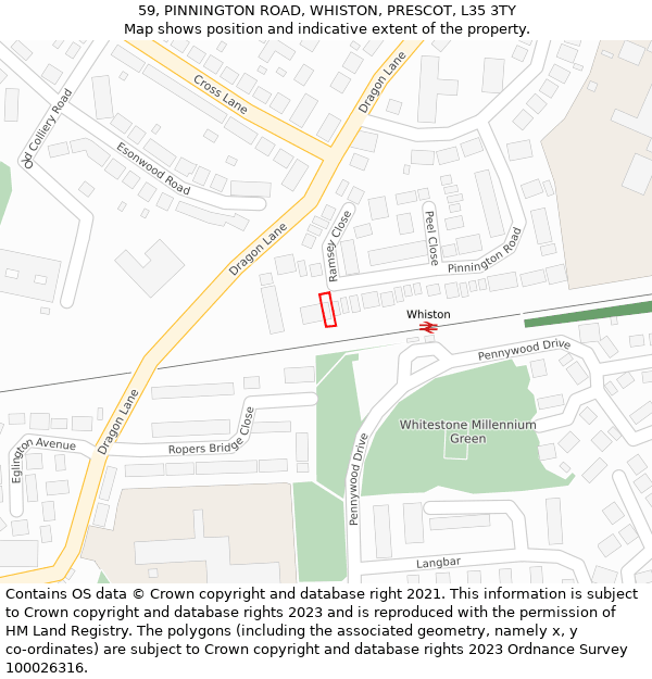 59, PINNINGTON ROAD, WHISTON, PRESCOT, L35 3TY: Location map and indicative extent of plot