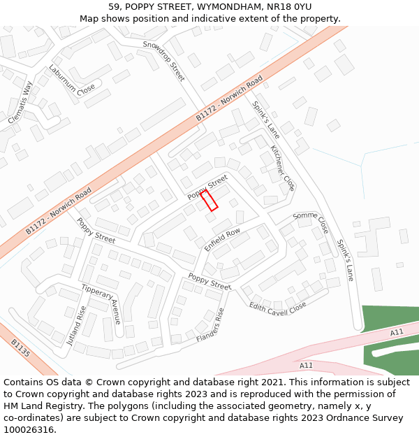 59, POPPY STREET, WYMONDHAM, NR18 0YU: Location map and indicative extent of plot