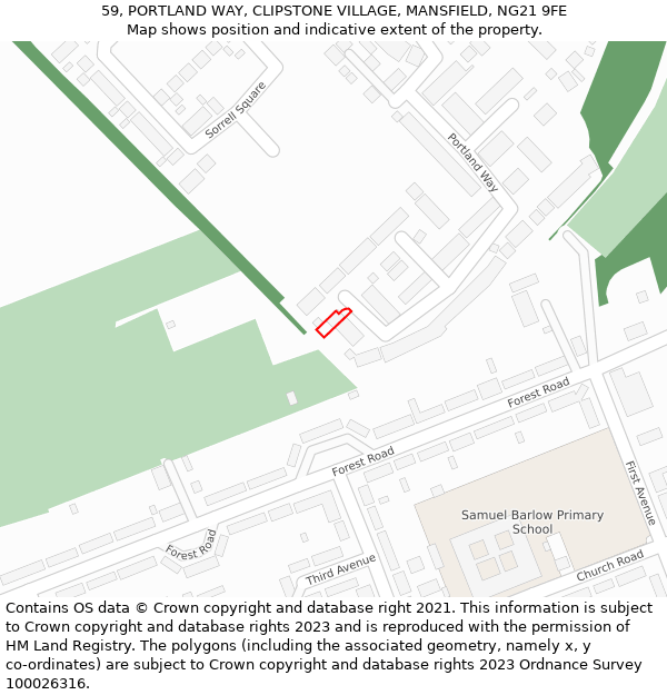 59, PORTLAND WAY, CLIPSTONE VILLAGE, MANSFIELD, NG21 9FE: Location map and indicative extent of plot