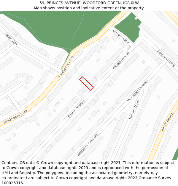 59, PRINCES AVENUE, WOODFORD GREEN, IG8 0LW: Location map and indicative extent of plot