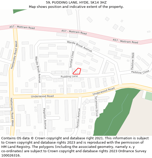 59, PUDDING LANE, HYDE, SK14 3HZ: Location map and indicative extent of plot