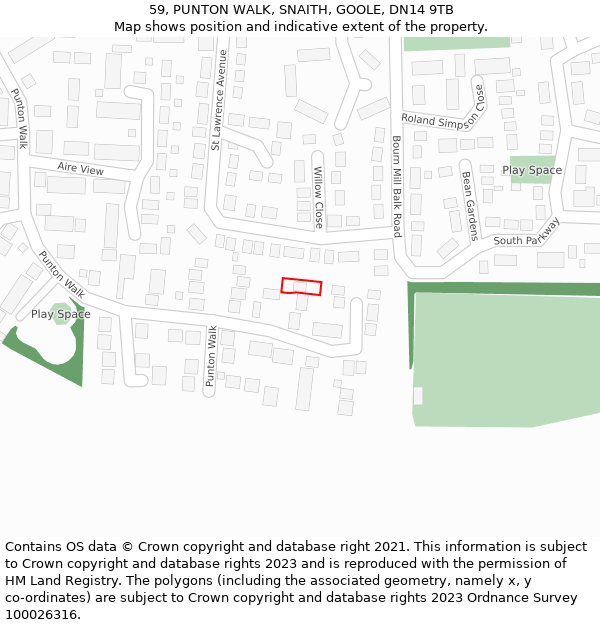 59, PUNTON WALK, SNAITH, GOOLE, DN14 9TB: Location map and indicative extent of plot