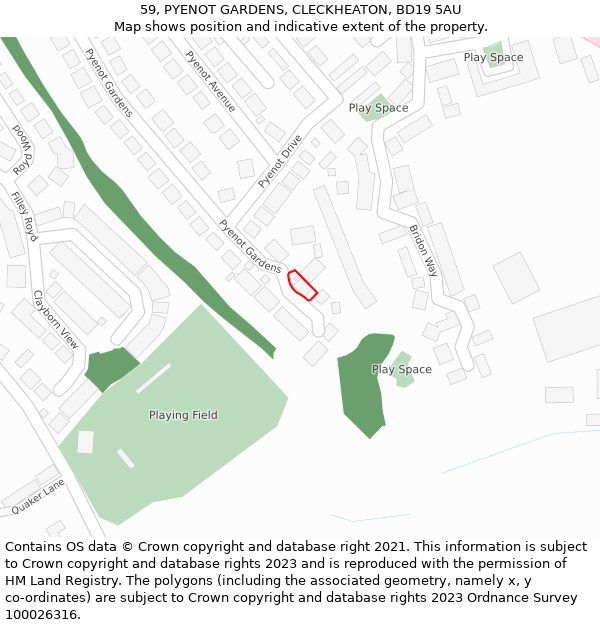 59, PYENOT GARDENS, CLECKHEATON, BD19 5AU: Location map and indicative extent of plot