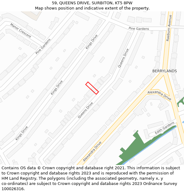 59, QUEENS DRIVE, SURBITON, KT5 8PW: Location map and indicative extent of plot