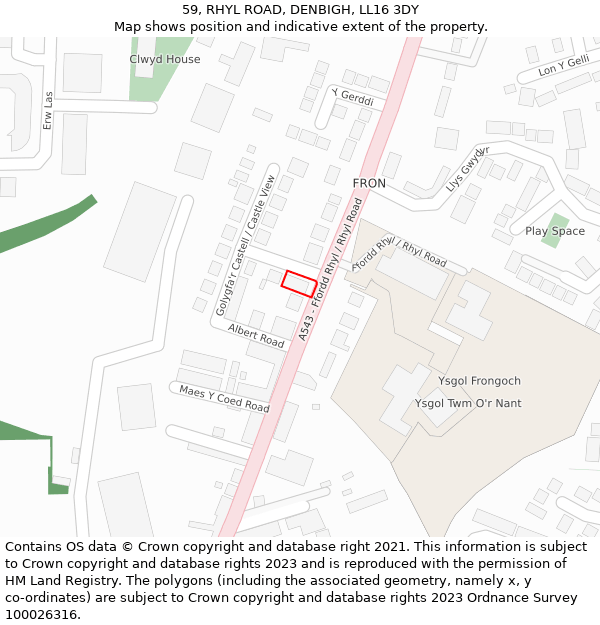 59, RHYL ROAD, DENBIGH, LL16 3DY: Location map and indicative extent of plot