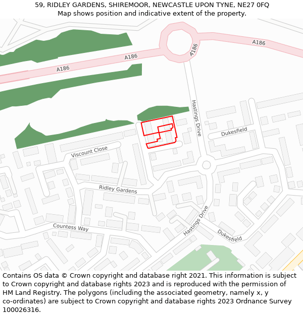 59, RIDLEY GARDENS, SHIREMOOR, NEWCASTLE UPON TYNE, NE27 0FQ: Location map and indicative extent of plot