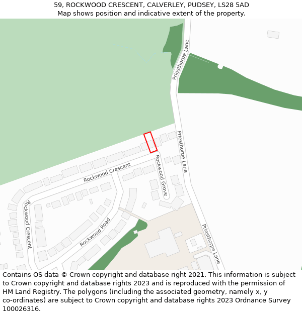 59, ROCKWOOD CRESCENT, CALVERLEY, PUDSEY, LS28 5AD: Location map and indicative extent of plot
