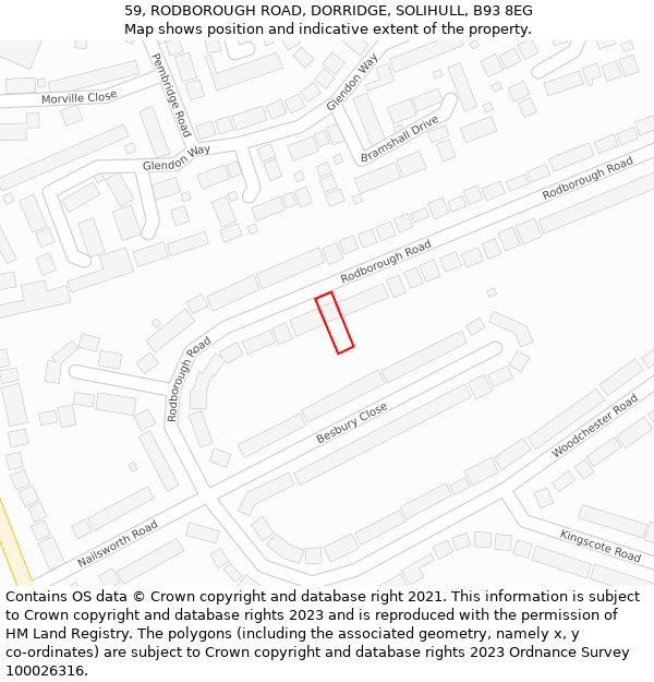 59, RODBOROUGH ROAD, DORRIDGE, SOLIHULL, B93 8EG: Location map and indicative extent of plot