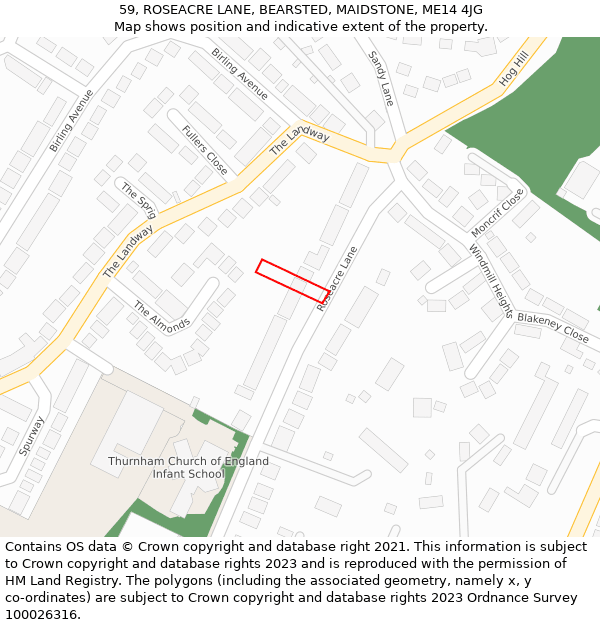 59, ROSEACRE LANE, BEARSTED, MAIDSTONE, ME14 4JG: Location map and indicative extent of plot