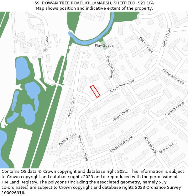 59, ROWAN TREE ROAD, KILLAMARSH, SHEFFIELD, S21 1FA: Location map and indicative extent of plot