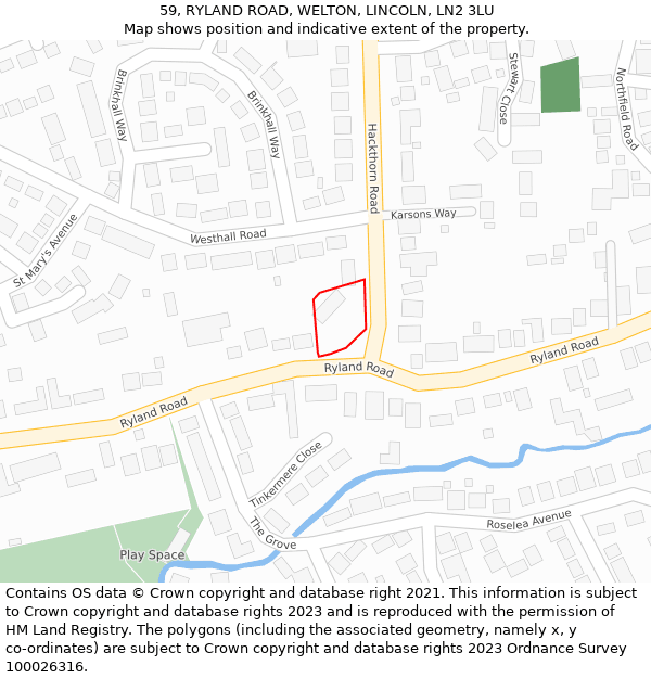 59, RYLAND ROAD, WELTON, LINCOLN, LN2 3LU: Location map and indicative extent of plot