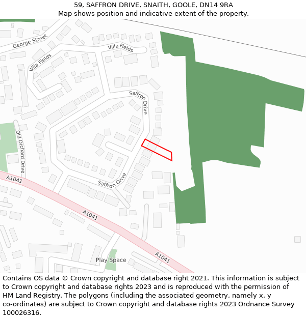 59, SAFFRON DRIVE, SNAITH, GOOLE, DN14 9RA: Location map and indicative extent of plot