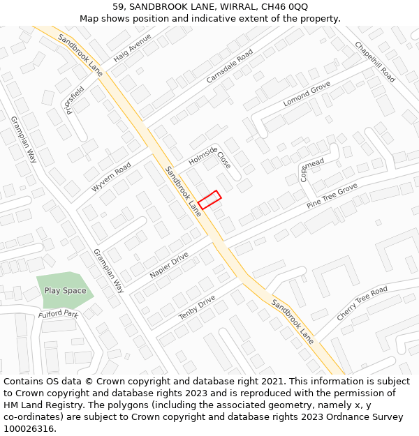 59, SANDBROOK LANE, WIRRAL, CH46 0QQ: Location map and indicative extent of plot