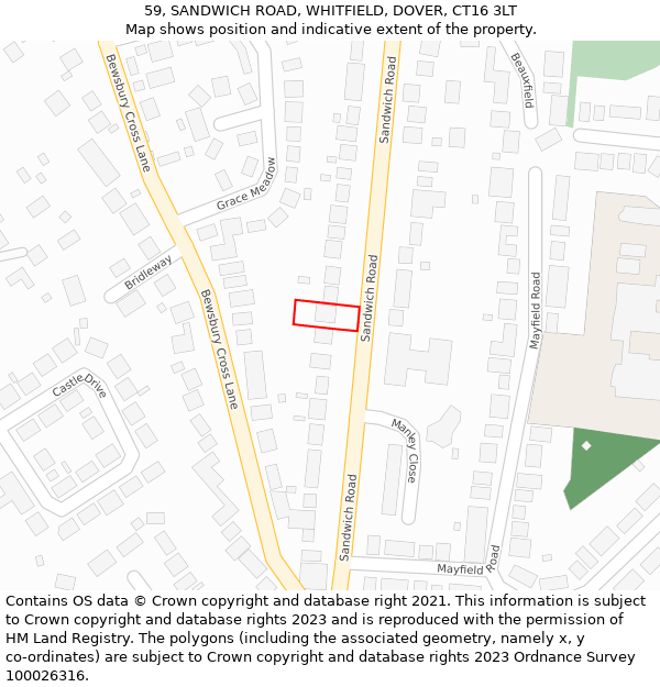 59, SANDWICH ROAD, WHITFIELD, DOVER, CT16 3LT: Location map and indicative extent of plot