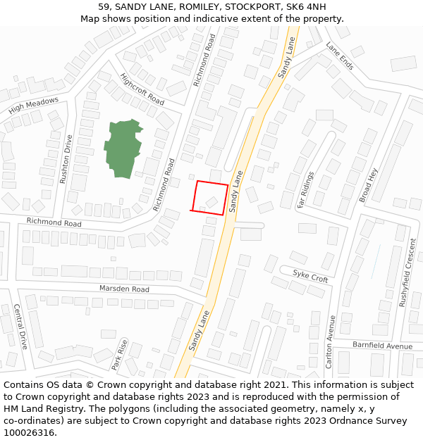 59, SANDY LANE, ROMILEY, STOCKPORT, SK6 4NH: Location map and indicative extent of plot
