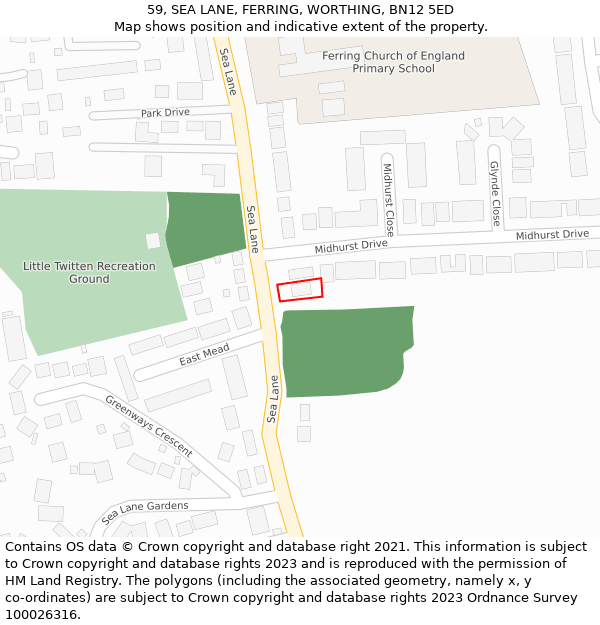 59, SEA LANE, FERRING, WORTHING, BN12 5ED: Location map and indicative extent of plot