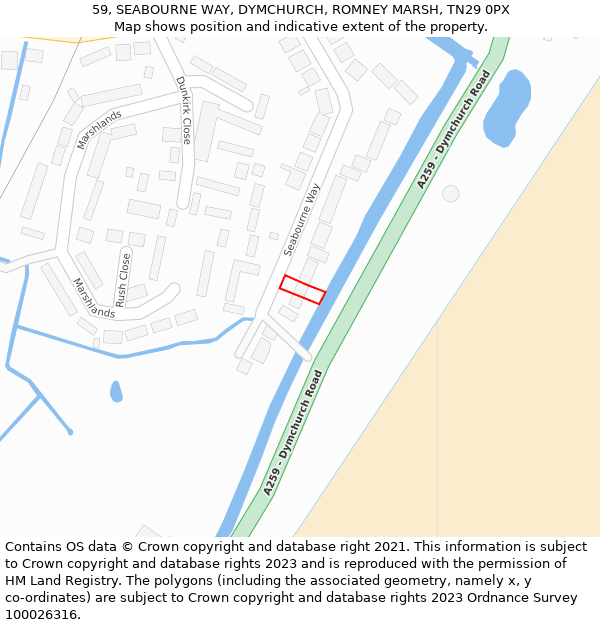 59, SEABOURNE WAY, DYMCHURCH, ROMNEY MARSH, TN29 0PX: Location map and indicative extent of plot