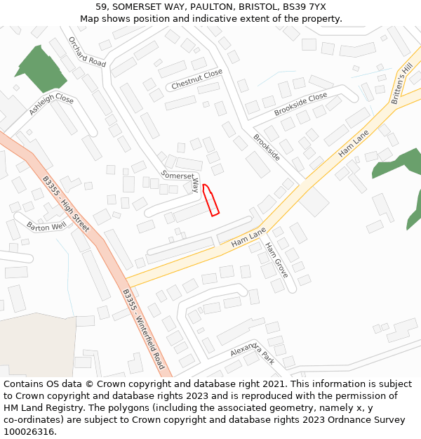 59, SOMERSET WAY, PAULTON, BRISTOL, BS39 7YX: Location map and indicative extent of plot