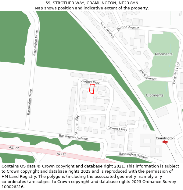 59, STROTHER WAY, CRAMLINGTON, NE23 8AN: Location map and indicative extent of plot