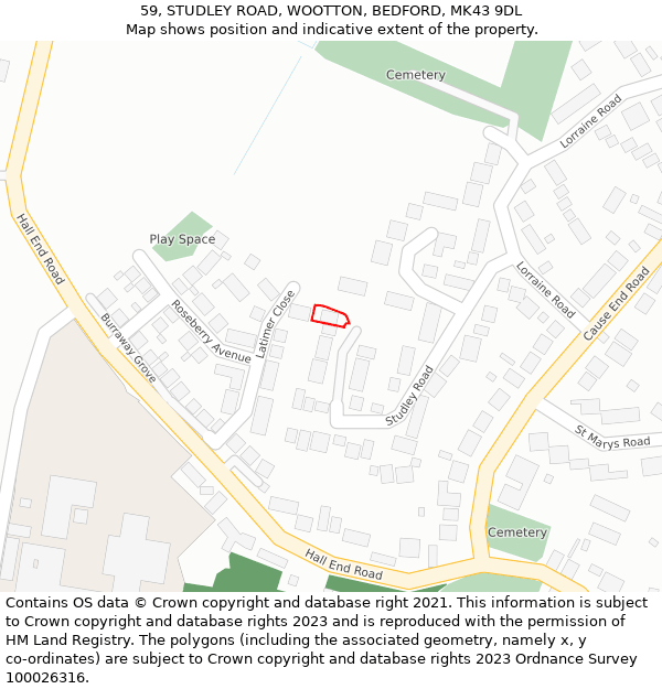 59, STUDLEY ROAD, WOOTTON, BEDFORD, MK43 9DL: Location map and indicative extent of plot