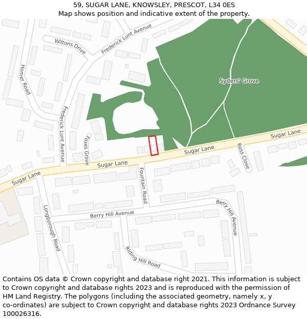 59, SUGAR LANE, KNOWSLEY, PRESCOT, L34 0ES: Location map and indicative extent of plot