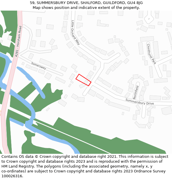 59, SUMMERSBURY DRIVE, SHALFORD, GUILDFORD, GU4 8JG: Location map and indicative extent of plot