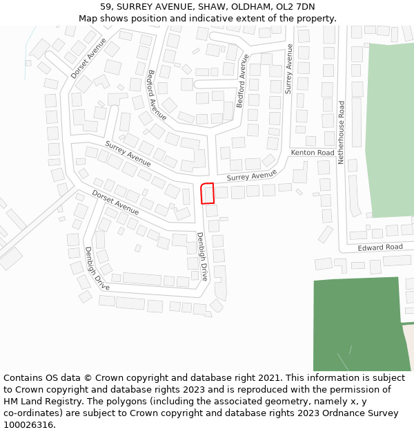 59, SURREY AVENUE, SHAW, OLDHAM, OL2 7DN: Location map and indicative extent of plot