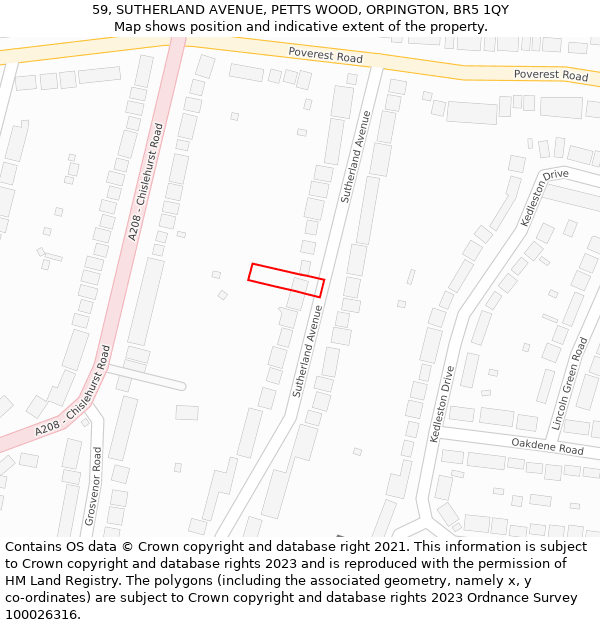 59, SUTHERLAND AVENUE, PETTS WOOD, ORPINGTON, BR5 1QY: Location map and indicative extent of plot