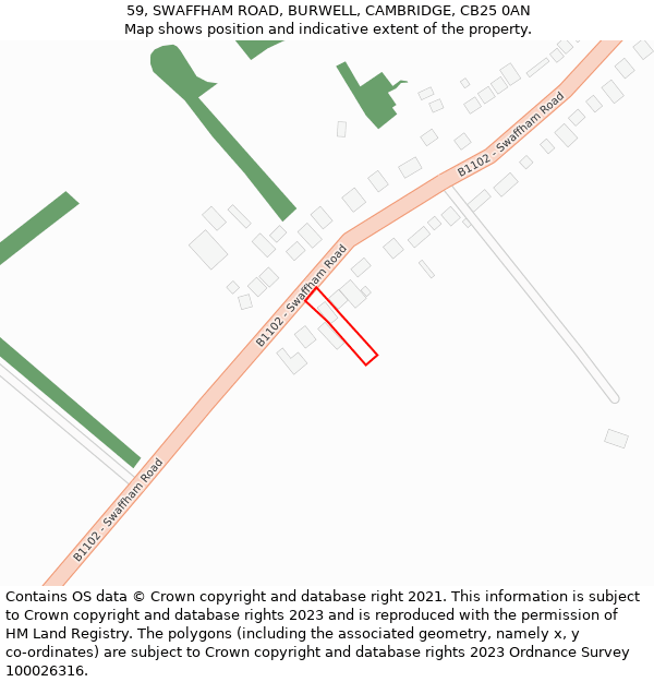 59, SWAFFHAM ROAD, BURWELL, CAMBRIDGE, CB25 0AN: Location map and indicative extent of plot