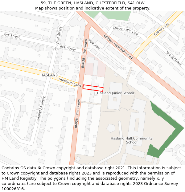 59, THE GREEN, HASLAND, CHESTERFIELD, S41 0LW: Location map and indicative extent of plot