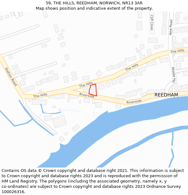 59, THE HILLS, REEDHAM, NORWICH, NR13 3AR: Location map and indicative extent of plot