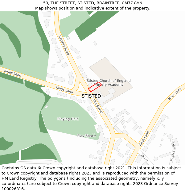 59, THE STREET, STISTED, BRAINTREE, CM77 8AN: Location map and indicative extent of plot