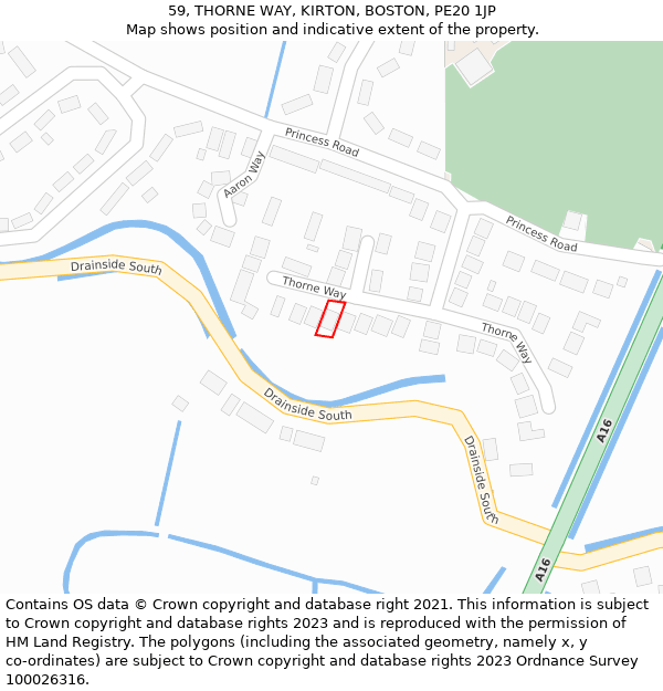 59, THORNE WAY, KIRTON, BOSTON, PE20 1JP: Location map and indicative extent of plot