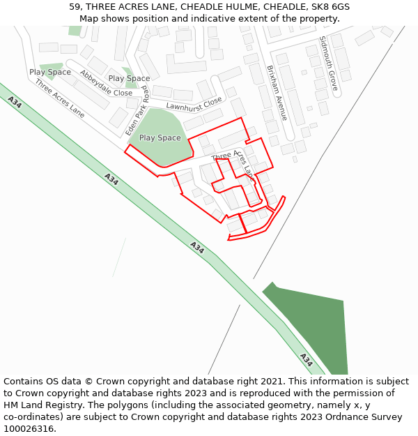 59, THREE ACRES LANE, CHEADLE HULME, CHEADLE, SK8 6GS: Location map and indicative extent of plot