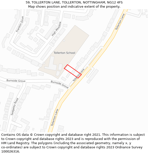 59, TOLLERTON LANE, TOLLERTON, NOTTINGHAM, NG12 4FS: Location map and indicative extent of plot